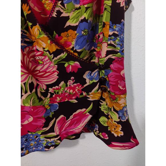 Nanette Lepore 100% Silk Black Pink Multi Floral Flutter Sleeve Faux Wrap Top 2 - Picture 4 of 8